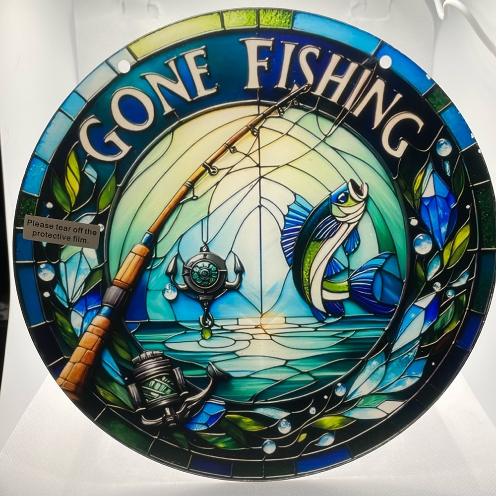 Suncatcher Acrylic Gone Fishing Decoration Sign Wall Decor New 7.5” Fish Boat